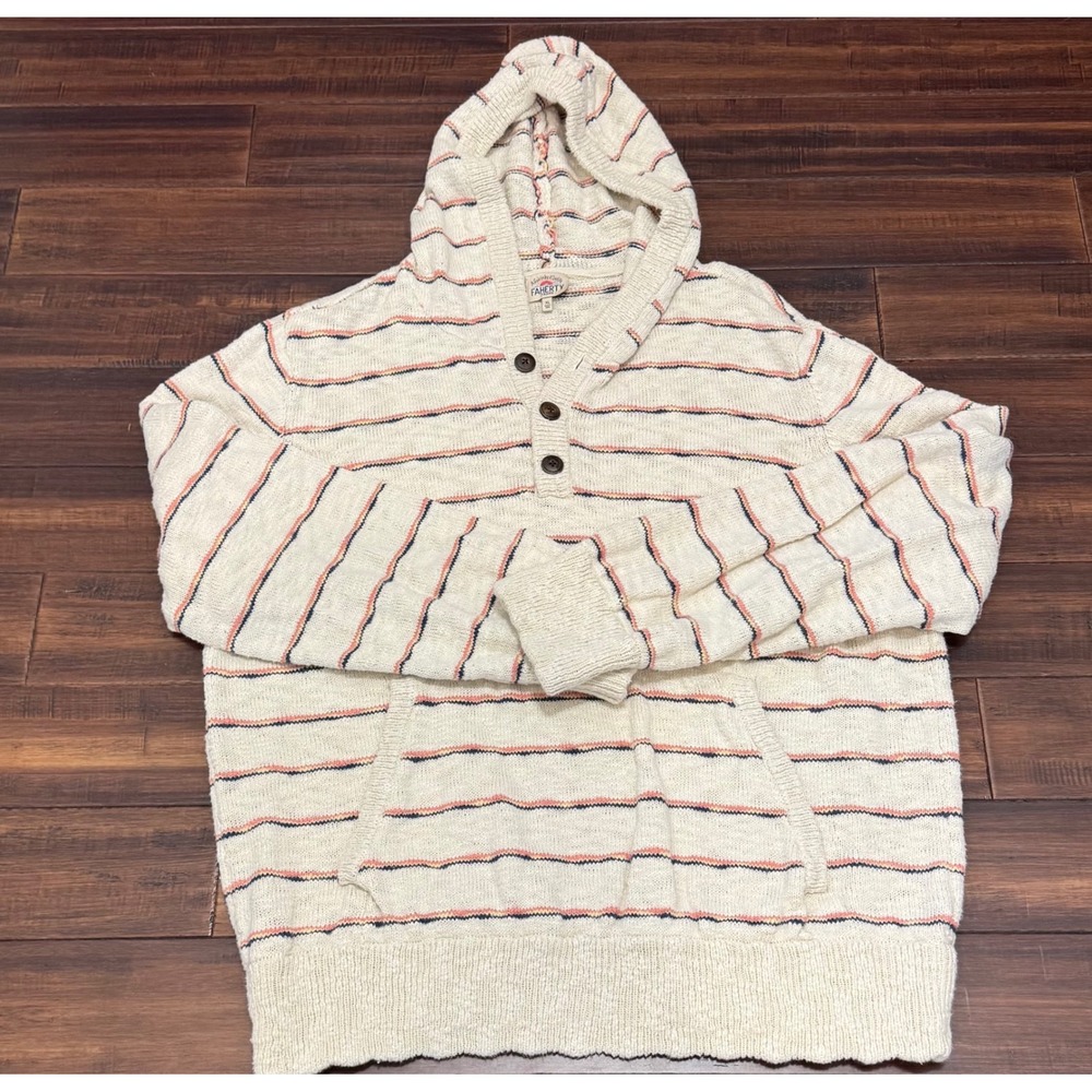 Faherty Brand Striped Knit Hoodie Sweater Cream Navy Coral Henley Womens XL